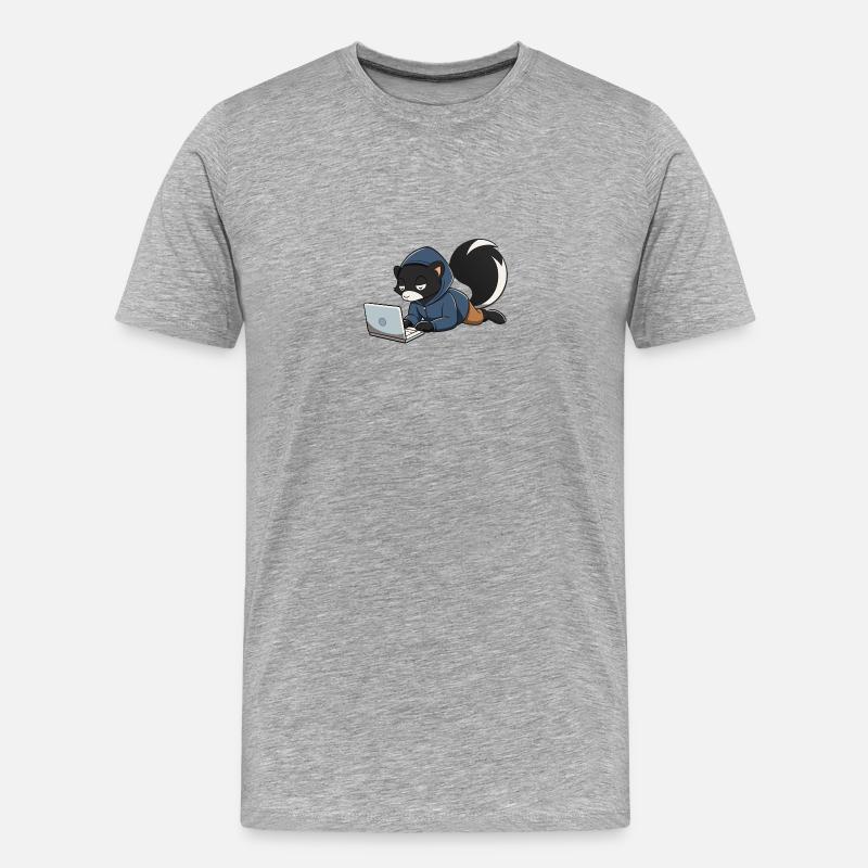 Mignonne mouffette hacker en sweat à capuche devant le PC - T-shirt bio Premium Homme - gris chiné