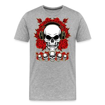 Human Skull hört da Music über Kopfhörer - Männer Premium Bio T-Shirt - Grau meliert - Vorne - Damien (186cm)