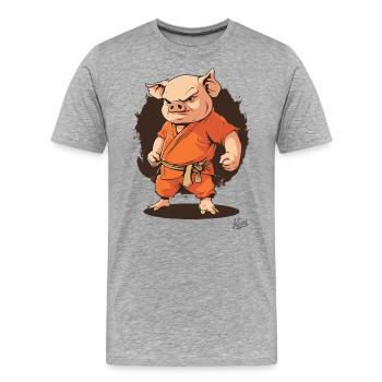 Orange Kung Fu Monk Pig - Men's Premium Organic T-Shirt - heather grey - Front - Damien (186cm)