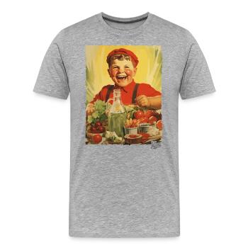 Vintage Propaganda: Junge isst gesundes Essen - Männer Premium Bio T-Shirt - Grau meliert - Vorne - Damien (186cm)
