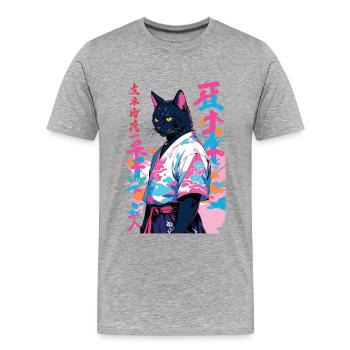 Samurai Katze Vaporwave Aesthetic Samurai Kunst - Männer Premium Bio T-Shirt - Grau meliert - Vorne - Damien (186cm)