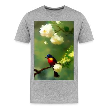 Oiseau sur branche avec fleurs - T-shirt bio Premium Homme - gris chiné - Devant - Damien (186cm)