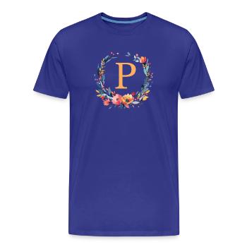 P Monogram, Couronne de fleurs, Personnalisable - T-shirt bio Premium Homme - bleu roi - Devant - Damien (186cm)