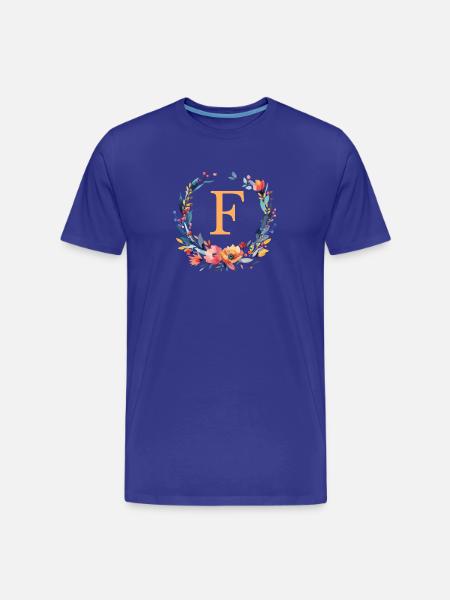F Monogram, Flower Wreath, Personalizable - Men's Premium Organic T-Shirt - royal blue