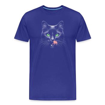 Cat with green eyes and tongue sticking out - Men's Premium Organic T-Shirt - royal blue - Front - Damien (186cm)
