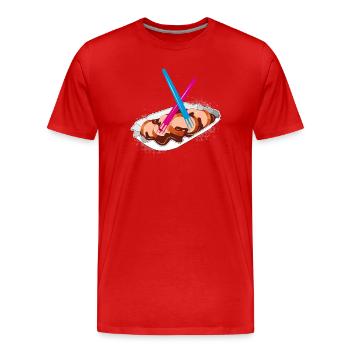 Currywurst with two forks-Iconic fast food motif - Men's Premium Organic T-Shirt - red - Front - Damien (186cm)