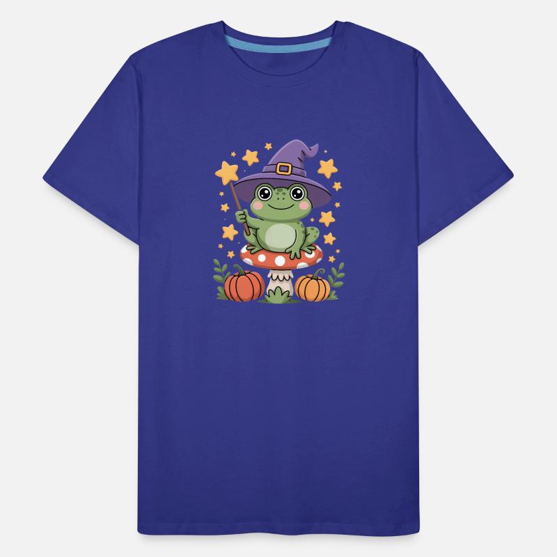 Cute witch frog on toadstool with magic wand Men's Premium Organic T-Shirt