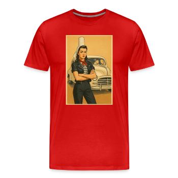 Retro Frau und Vintage Auto - Männer Premium Bio T-Shirt - Rot - Vorne - Damien (186cm)