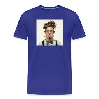 Vintage Nerd Portrait mit Bowtie Brille  - Männer Premium Bio T-Shirt - Königsblau - Vorne - Damien (186cm)