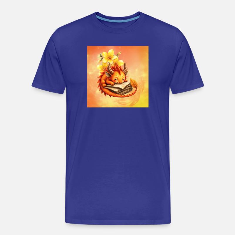 Verschlafener Drache auf geblümtem Buch - Männer Premium Bio T-Shirt - Königsblau