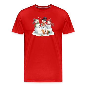 Vier lachende Schneemänner bei Schneeballschlacht - Männer Premium Bio T-Shirt - Rot - Vorne - Damien (186cm)