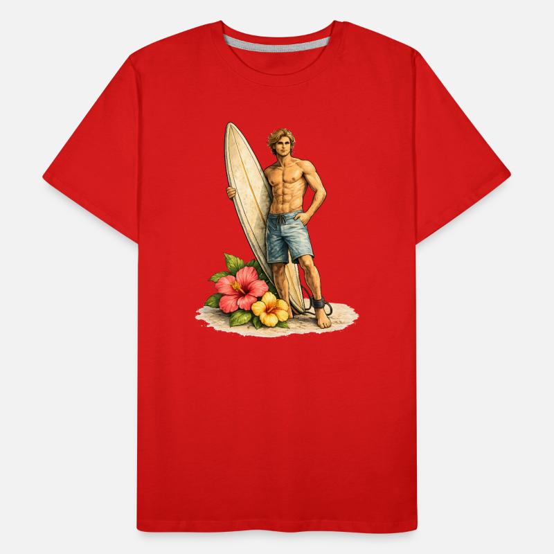 Surfeur avec planche sur une plage tropicale T-shirt bio Premium Homme