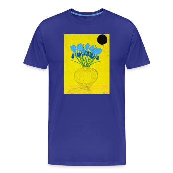 Vase d’iris bleu sur fond jaune - T-shirt bio Premium Homme - bleu roi - Devant - Damien (186cm)