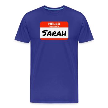 Bonjour, je m’appelle Sarah Étiquette Nom Étiquette - T-shirt bio Premium Homme - bleu roi - Devant - Damien (186cm)