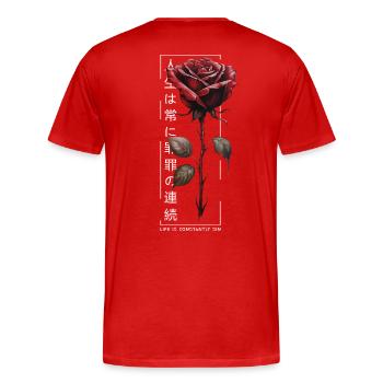 Life Is Constantly Sin Rose Japanese Script - Men's Premium Organic T-Shirt - red - Back - Damien (186cm)
