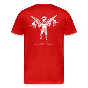 Lift with Love – Vintage Cherub Gym Sticker - Männer Premium Bio T-Shirt - Rot - Hinten - Damien (186cm)
