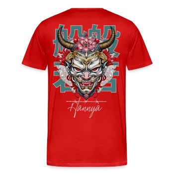 Japanese Hannya Mask: Lotus & Horns - Männer Premium Bio T-Shirt - Rot - Hinten - Damien (186cm)