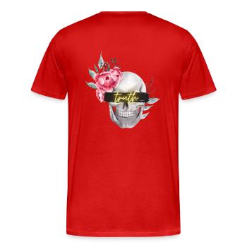 Totenkopf, Rosen, Balken Aufschrift "truth" hinten - Männer Premium Bio T-Shirt - Rot - Hinten - Damien (186cm)
