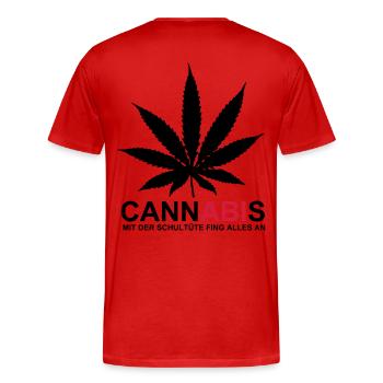 ABIMOTTO - CannABIs - MIT DER SCHULTÜTE FING ALLES - Männer Premium Bio T-Shirt - Rot - Hinten - Damien (186cm)