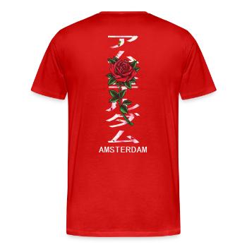 Amsterdam in Japanisch mit Rosen und Kirschblüten - Männer Premium Bio T-Shirt - Rot - Hinten - Damien (186cm)