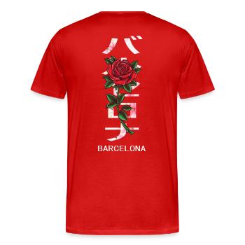 Barcelona in Japanisch mit Rosen und Kirschblüten - Männer Premium Bio T-Shirt - Rot - Hinten - Damien (186cm)