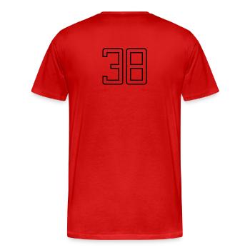 Number 38 (University Style) - Men's Premium Organic T-Shirt - red - Back - Damien (186cm)