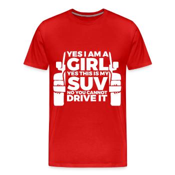 Frau mit Geländewagen - Männer Premium Bio T-Shirt - Rot - Vorne - Damien (186cm)
