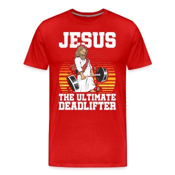 Jesus Der Ultimative Deadlifter Fitnessstudio - Männer Premium Bio T-Shirt - Rot - Vorne - Damien (186cm)