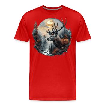 Cerf mystique dans la forêt de nuages / Costume traditionnel / Chasse - T-shirt bio Premium Homme - rouge - Devant - Damien (186cm)