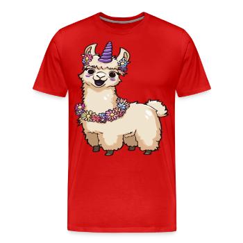 Lama Einhorn mit Blumen – Fantasy Animal Art - Männer Premium Bio T-Shirt - Rot - Vorne - Damien (186cm)