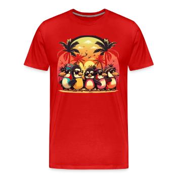 Tropical Penguin Fiesta : Divertissement coloré en hawaïen - T-shirt bio Premium Homme - rouge - Devant - Damien (186cm)
