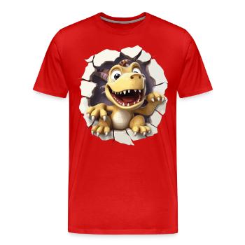 Cute 3d baby dinosaur coming out of a wall - Men's Premium Organic T-Shirt - red - Front - Damien (186cm)