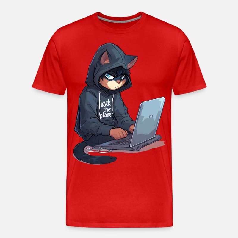 Cyber Hacker Cat Hackerkatze - Männer Premium Bio T-Shirt - Rot