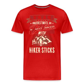 Unterschätze niemals alten Mann Wandern Rente - Männer Premium Bio T-Shirt - Rot - Vorne - Damien (186cm)