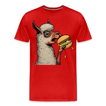 Cheeseburger eating llama - Men's Premium Organic T-Shirt - red - Front - Damien (186cm)