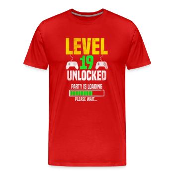 Niveau 19 déverrouillé – La fête se charge - T-shirt bio Premium Homme - rouge - Devant - Damien (186cm)