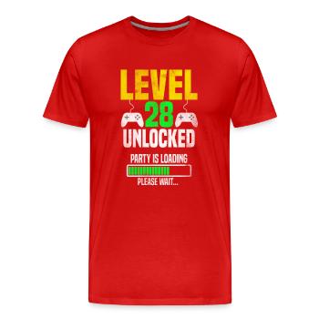 Niveau 28 déverrouillé – La fête se charge - T-shirt bio Premium Homme - rouge - Devant - Damien (186cm)
