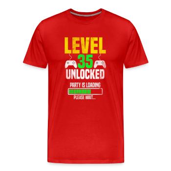Niveau 35 déverrouillé – La fête se charge - T-shirt bio Premium Homme - rouge - Devant - Damien (186cm)