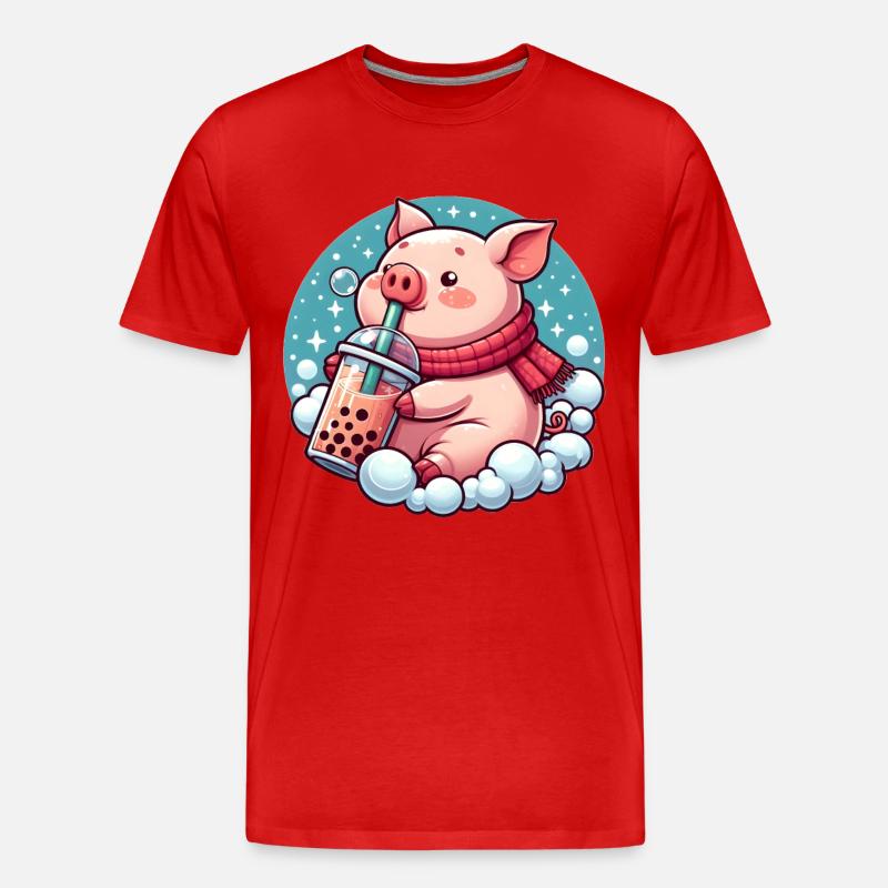 Schwein genießt Bubble Tea - Männer Premium Bio T-Shirt - Rot