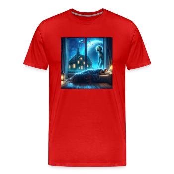 Alien observes sleeping human - Men's Premium Organic T-Shirt - red - Front - Damien (186cm)
