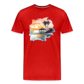 Ein Beachhaus am Stand mit Meerblick und Palmen - Männer Premium Bio T-Shirt - Rot - Vorne - Damien (186cm)