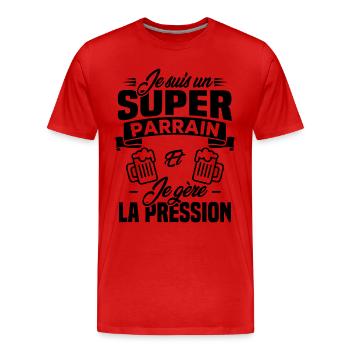 Je suis un super parrain, Humour cadeau parrain - T-shirt bio Premium Homme - rouge - Devant - Damien (186cm)
