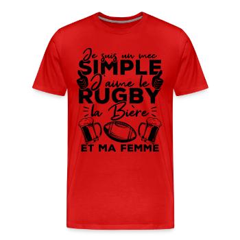 Mec simple j aime le rugby la bière et ma femme - T-shirt bio Premium Homme - rouge - Devant - Damien (186cm)