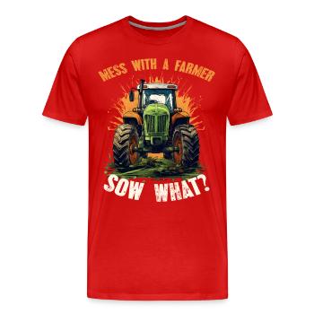 Jouer avec une truie fermière quoi? Tracteur jardinier - T-shirt bio Premium Homme - rouge - Devant - Damien (186cm)