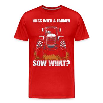Jouer avec une truie fermière quoi? Cadeau tracteur - T-shirt bio Premium Homme - rouge - Devant - Damien (186cm)