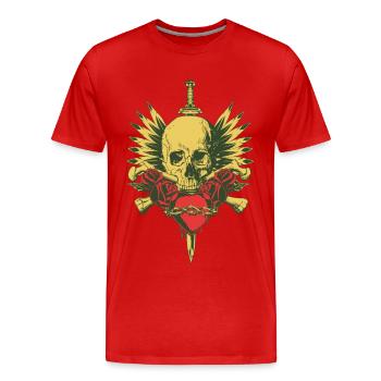CRÂNE, AILES, ÉPÉE ET ROSES - T-shirt bio Premium Homme - rouge - Devant - Damien (186cm)