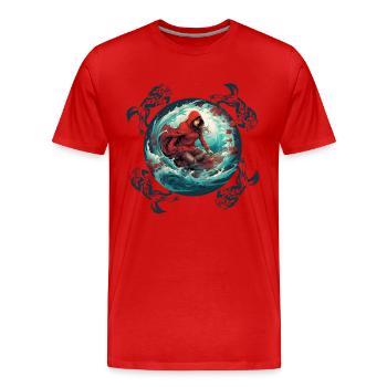 Le Petit Chaperon Rouge surfant sur planche de surf, loup sur vague - T-shirt bio Premium Homme - rouge - Devant - Damien (186cm)