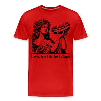 Aphrodite mit love, lust und hot dogs Fast Food - Männer Premium Bio T-Shirt - Rot - Vorne - Damien (186cm)