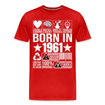Né en 1961 Content Warning Label Barcode - T-shirt bio Premium Homme - rouge - Devant - Damien (186cm)