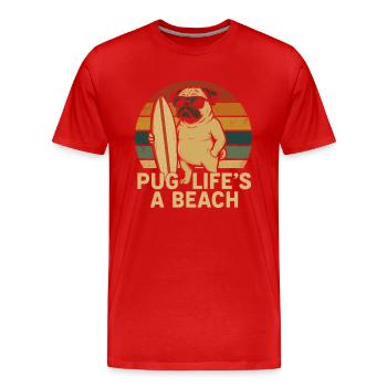 La vie de carlin est une plage – Carlin avec planche de surf - T-shirt bio Premium Homme - rouge - Devant - Damien (186cm)